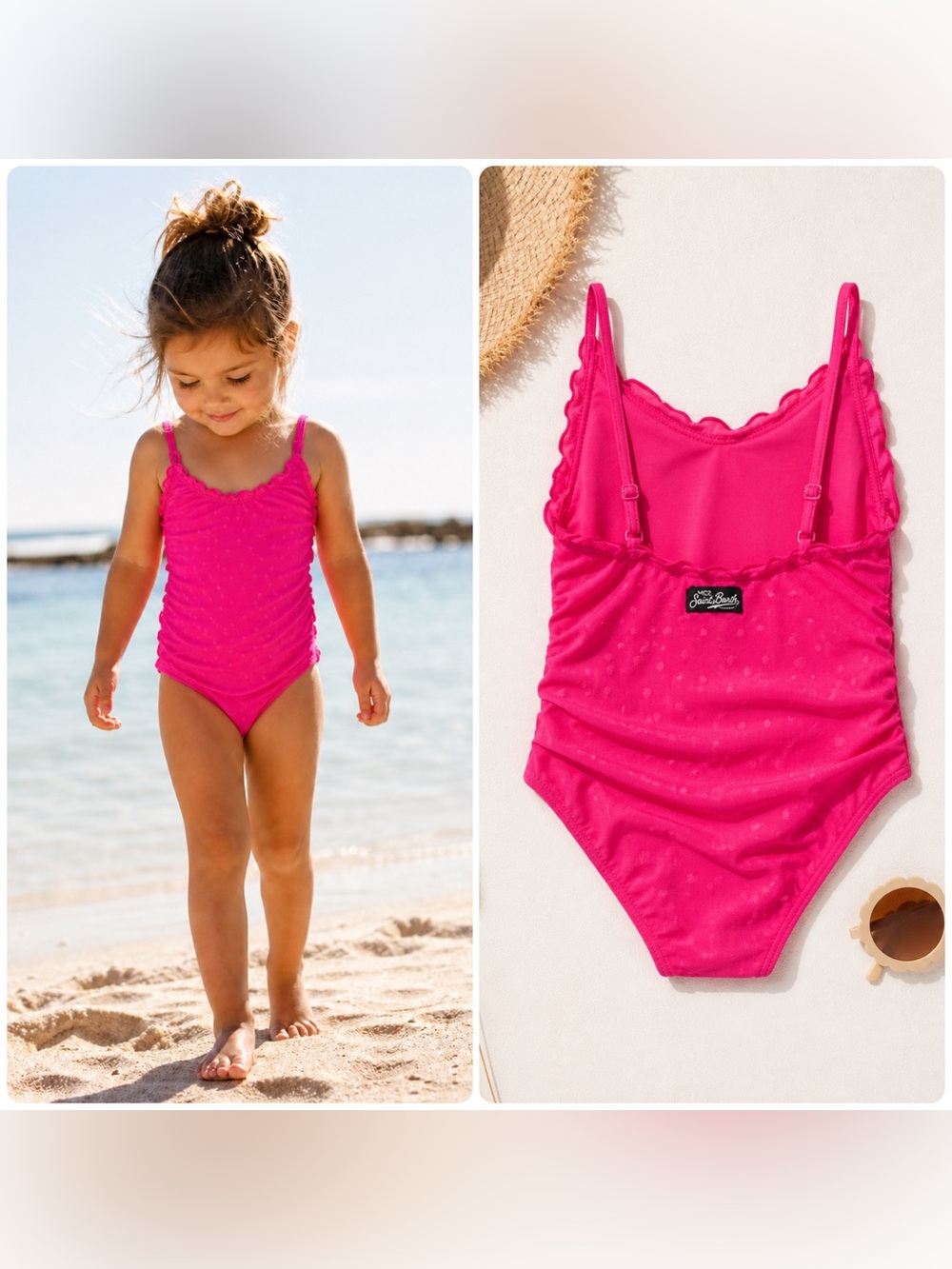 New! MC2 Saint Barths Girls' Hot Pink Ruffle Clip Dot One-Piece Swimsuit 💕 4T